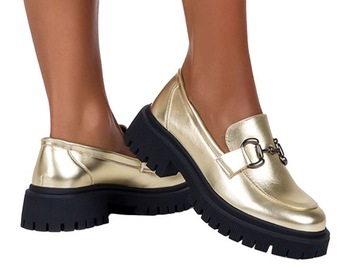 MOKASYNY PÓŁBUTY DAMSKIE BUTY MODNE NA PLATFORMIE ZŁOTE ZE SPRZĄCZKĄ NEW 37