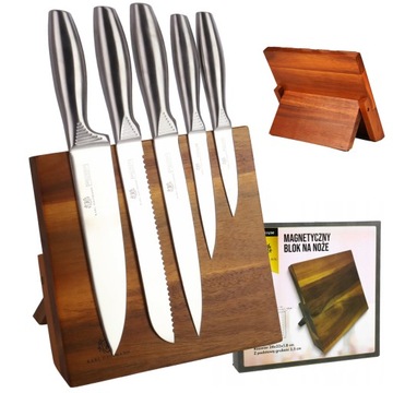 KOMPLET NOŻY W BLOKU BLOK MAGNETYCZNY NOŻE STALOWE 5 SZT OSTRE KUCHENNE