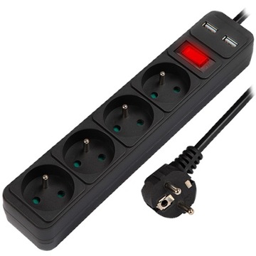 PRZEDŁUŻACZ LISTWA ZASILAJĄCA MOCNY GRUBY WŁĄCZNIK 4 GNIAZDA 2x USB 3m