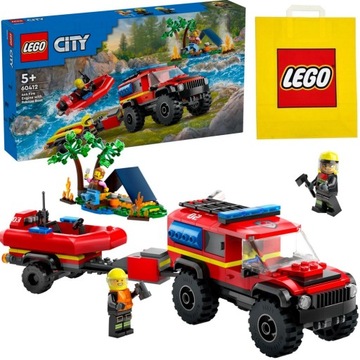 LEGO CITY 60412 TERENOWY WÓZ STARŻACKI Z PRZYCZEPĄ I ŁÓDŹ +Torba prezentowa