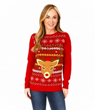 Damski sweter świąteczny CZERWONY Wzory RENIFER Na Prezent rozm XL