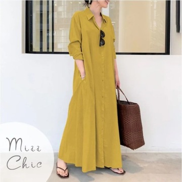 Elegant Pockets Shirt Maxi Green Dress 2023 Chic L