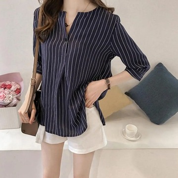 Women Shirt Striped Print V-neck 3/4 Sleeves V Nec