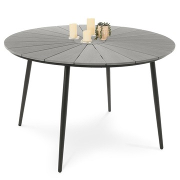 Stół ogrodowy okrągły aluminiowy 120cm blat polywoog imitacja drewna 6 osób