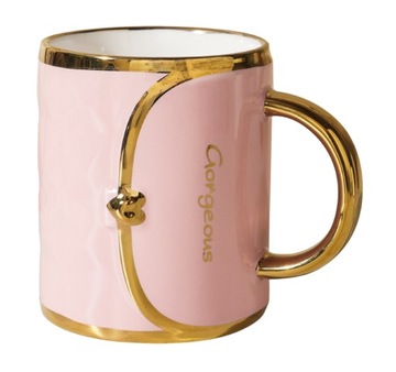 Kubek Porcelanowy TOREBKA 400ml z pokrywką i łyżeczką Prezent różowy