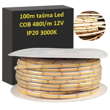 HURT 100m rolka Taśma Led COB 480 Led/m 15W/m BIAŁA CIEPŁA 3000K 12V IP20