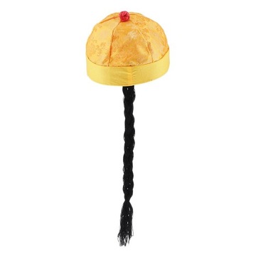 Czapka orientalna w stylu chińskim z kucykiem, czapki Cosplay w kolorze żółtym