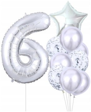 Balony 10szt na Szóste urodziny Srebrne konfetti cyfra 6