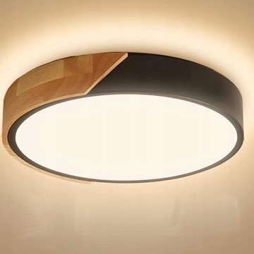 LAMPA WISZĄCA PLAFON CZARNA Z DREWNEM 24W 30CM 3000K 2040LM Ciepły biały
