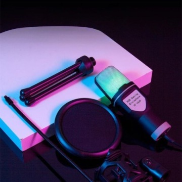 Mikrofon pojemnościowy USB do komputera PC Led RGB Filtr pop
