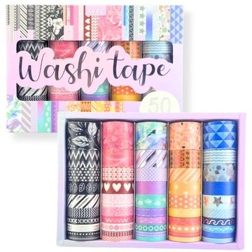 TAŚMA DEKORACYJNA PAPIEROWA WASHI TAPE ZESTAW TAŚM 50 SZTUK MIX