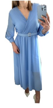 Sukienka damska wyszczuplająca plisowana szyfonowa elegancka z paskiem