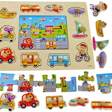 PUZZLE DREWNIANE Z UCHWYTEM UKŁADANKA EDUKACYJNA ŻYCIE W MIEŚCIE AUTA
