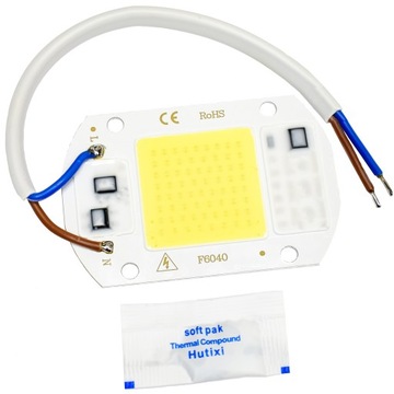MODUŁ LED COB 20W BIAŁY CIEPŁY lub ZIMNY 60x40mm pod 230V + przewód + pasta