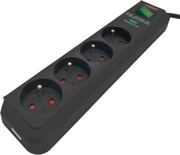 Listwa Przepięciowa Przedłużacz Czarny 4 Gniazda Kabel 1,5m 13500A Włącznik