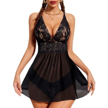 KORONKOWA ZMYSŁOWA KOSZULKA NOCNA DAMSKA SEKSOWNY KOMPLET HALKA + STRINGI