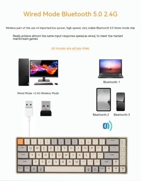 Wolf Road Gk65 Красочная механическая клавиатура 2,4g Беспроводная связь