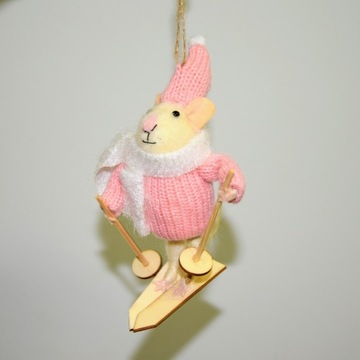 УКРАШЕНИЕ РОЖДЕСТВЕНСКОЙ ЕЛКИ МЫШКА ЛЫЖИ РОЗОВЫЙ И БЕЛЫЙ 11 СМ