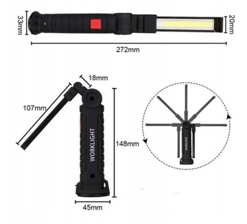 МОЩНАЯ СВЕТОДИОДНАЯ ЛАМПА ДЛЯ МАСТЕРСКИХ, МАГНИТНЫЙ КРЮЧОК, ПЕРЕЗАРЯЖАЕМЫЙ USB 5 В 1