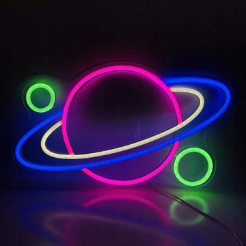 Duży Neon Planeta Ścienna Led 40*27.5cm