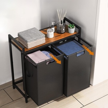 KOSZ NA PRANIE Z PÓŁKĄ I KÓŁKAMI 2 KOMORY DO SEGREGACJI 85L REGAŁ LOFT