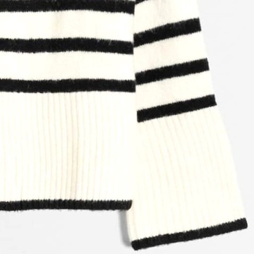 BERSHKA Piękny Sweter Oversize ECRU w Kontrastowe Paski z WEŁNĄ Suwak XS