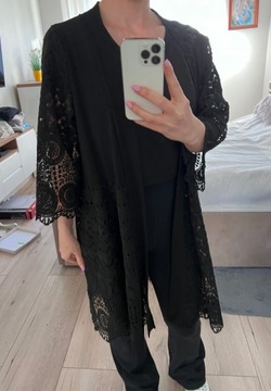 Czarna haft ażur koronka tunika kimono narzutka XL