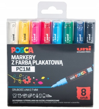 MARKER DO TKANIN SZKŁA POSCA PC-1M komplet 8 sztuk w ETUI, Zestaw POSCA