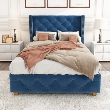 Односпальная кровать с мягкой обивкой 90х200см, бархат, синий