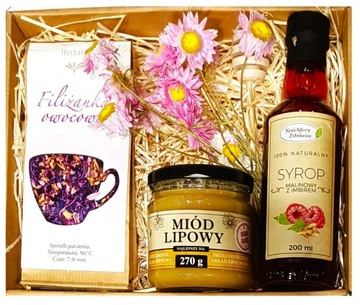 KOSZ BOX ZESTAW PREZENTOWY PREZENT HERBATA SYROP MIÓD KWIATY UPOMINEK