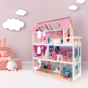 ДЕРЕВЯННЫЙ КУКОЛЬНЫЙ ДОМ РОЗОВАЯ ВИЛЛА XXXL АКСЕССУАРЫ ДЛЯ МЕБЕЛИ СВЕТОДИОДНОЙ ПОДСВЕТКОЙ