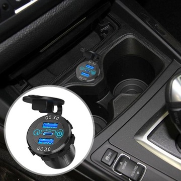 Adapter samochodowy PD3.0 Podwójny QC3.0 2x1,4 cala Pyłoszczelna pokrywa z niebieskim światłem