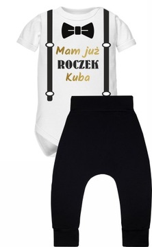 Komplet na pierwsze urodziny. Body Mam już roczek z muchą i szelkami r 80