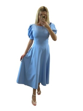 Sukienka elegancka midi z bufiastymi rękawami kobieca