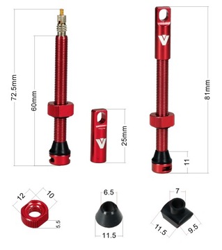 Бескамерные бескамерные клапаны VINI 60 мм. клапаны 16гр красные