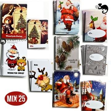 BILECIK ZAWIESZKA PRZYWIESZKA ETYKIETA DO PREZENTU ŚWIĘTA MIX WZORÓW 25szt