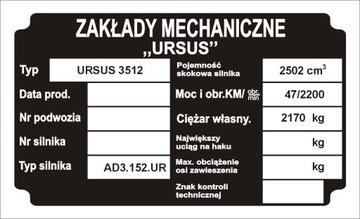 Tabliczka znamionowa ciągnik URSUS 3512