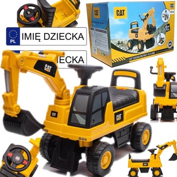 JEŹDZIK PCHACZ KOPARKA z RUCHOMĄ ŁYŻKĄ CAT schowek klakson +TABLICE IMIENNE