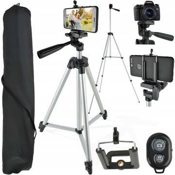 Statyw 133cm + Pilot Uchwyt na Telefon Aparat Kamere Zestaw 4w1 TRIPOD