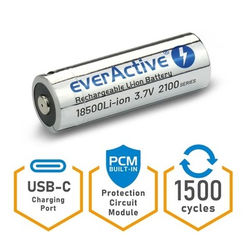 EverActive 18500 Литий-ионный аккумулятор 3,7 В, 2100 мАч USB-C с защитой BOX
