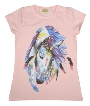 Pudrowa BLUZKA nadruk KOŃ brokat BOHO 158 CK136
