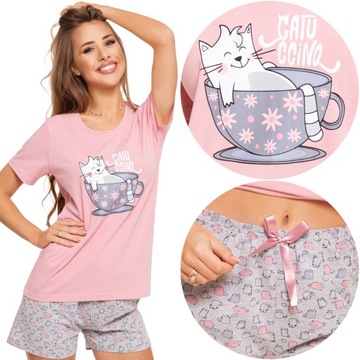 Розовая хлопковая мягкая женская пижама с милыми котиками M 3900-014