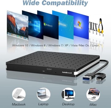 ZEWNĘTRZNY NAPĘD DVD Amicool, USB 3.0 Type-C CD DVD +/-RW NAGRYWARKA