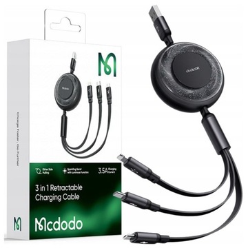 MCDODO KABEL USB 3W1 ZWIJANY USB-C LIGHTNING MICRO USB ŚWIECĄCY CZARNY