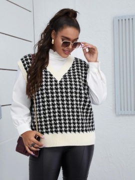 KAMIZELKA DZIANINOWA KREMOWA WZÓR PEPITKA CZARNA SHEIN 44