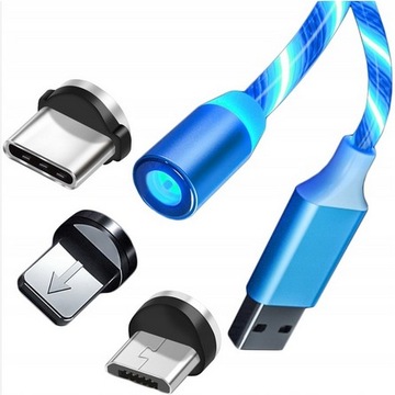 Kabel USB Magnetyczny 3-w-1 Świecący 1 metr 2,4A NIEBIESKI