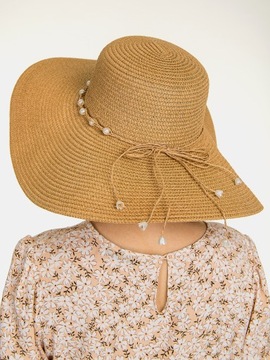 Duży kapelusz damski letni plażowy słomkowy elegancki perełki brązowy