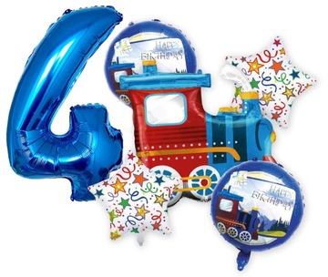 ZESTAW BALON FOLIOWY CYFRA 4 CZTERY LATA CIUCHCIA POCIĄG CZWARTE URODZINY