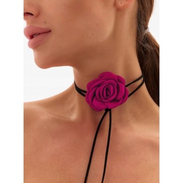 Naszyjnik choker ozdobny kwiat na szyję róża na rzemyku elegancki fuksja N7