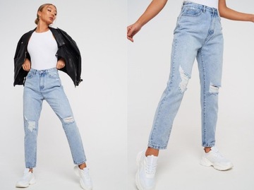 MISSGUIDED niebieskie spodnie jeansowe dziury 42